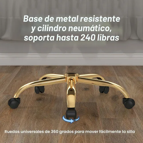 Miniatura 7 de Silla de terciopelo para oficina en casa, moderna silla de tocador de altura ajustable con base dorada y respaldo tejido a mano para dormitorio