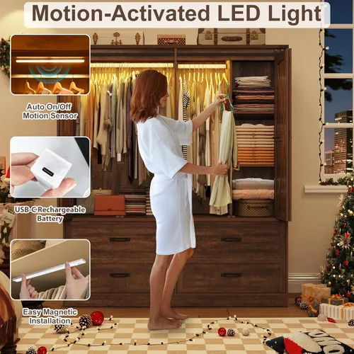 Miniatura 4 de Armario rústico de 4 puertas con puerta corrediza plegable de granero y luces, armario LED con cajones para dormitorio, armario de madera Marrón
