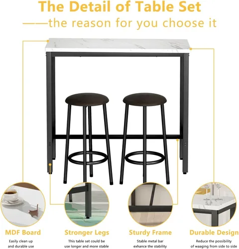 Miniatura 3 de Mesa de comedor pequeña para 2, juego de mesa de bar de 3 piezas, mesa de cocina y sillas, mesa de pub con 2 sillas, mesa de comedor y sillas