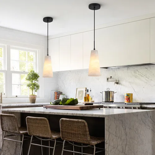 Miniatura 5 de Luces colgantes de alabastro natural, isla de cocina, pantalla cónica de mármol blanco, modernas lámparas de techo negras para mesa de comedor, sala