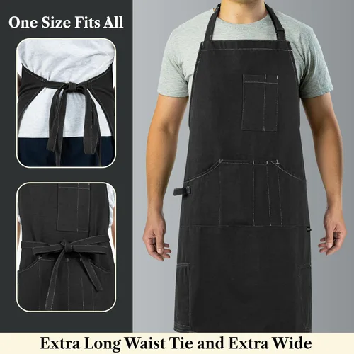 Miniatura 4 de opux Delantal de chef para hombres, delantal de cocina con bolsillos para mujer, delantal grande de lona unisex para cocinar, asar a la parrilla