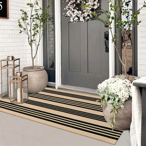 Miniatura 14 de Alfombra de lana cuadriculada para exteriores de 24 x 35 pulgadas, alfombra de algodón tejida a mano, plegable, lavable, reversible, en capas