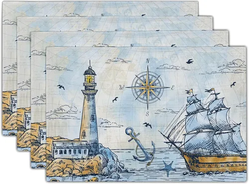 Miniatura 36 de Manteles individuales rústicos con diseño de oso y ciervo, 4 piezas, manteles individuales vintage de cabaña con piñas y cuadros, resistentes al