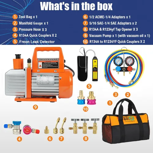 Miniatura 2 de BACOENG R1234YF Bomba de vacío de AC y juego de medidores, kit de bomba de vacío HVAC de 4 CFM con detector de fugas para refrigerante R1234yf R134a