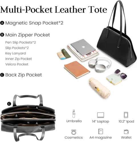 Miniatura 3 de befen Genuine Leather Tote Bag for Women Multi-Pockets Designer Shoulder Tote Work Purse Satchel Handbags
