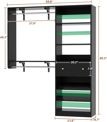 Miniatura 3 de Sistema de armario con cajón: sistema organizador reversible de madera de 5 pies con 2 varillas para colgar y estante ajustable, organizadores