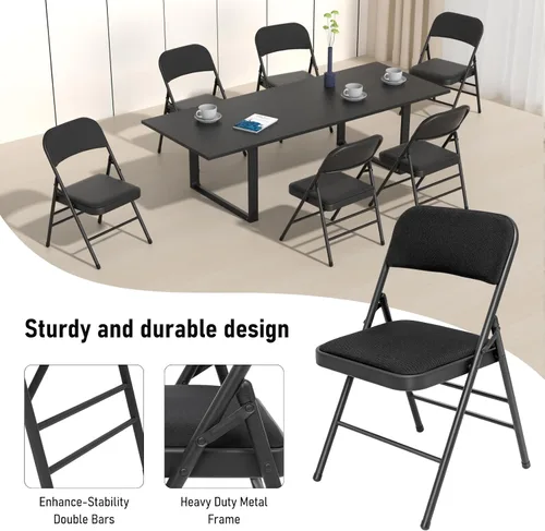 Miniatura 4 de Paquete de 4 sillas plegables negras con cojín acolchado de tela, juego de sillas de comedor de tela, sillas plegables apilables portátiles