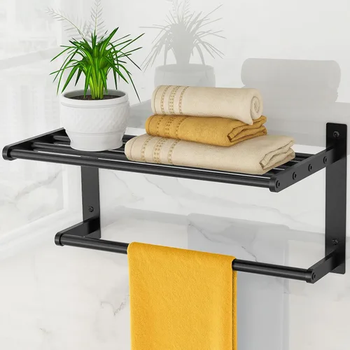 Estante de baño con toallero, toalleros de metal de 16 pulgadas para montaje en pared de baño, toallero a prueba de óxido con estante soporte para