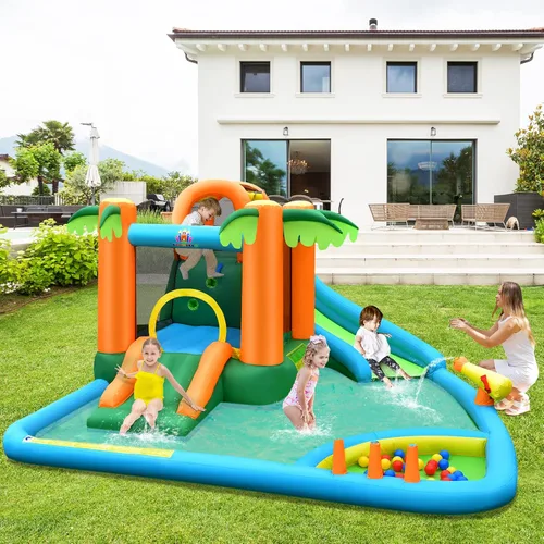 Miniatura 2 de HONEY JOY Tobogán acuático inflable, parque acuático gigante 7 en 1, casa hinchable para patio trasero al aire libre, pared de escalada, toboganes