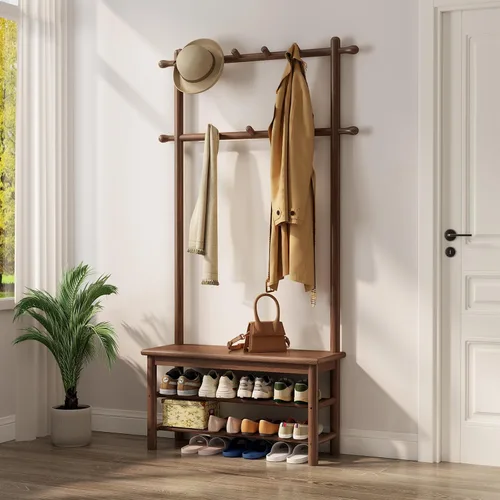 Miniatura 9 de AQIMUELE Perchero con almacenamiento de zapatos, árbol de pasillo de madera con banco, 11 ganchos y estantes de almacenamiento de 2 niveles, 3 en 1