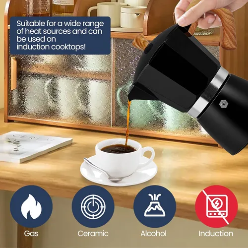 Miniatura 4 de Moka Pot - Cafetera italiana de aluminio de 15.2 fl oz, cafetera para estufa, cafetera espresso Mocha Pot (negro, 3 tazas)