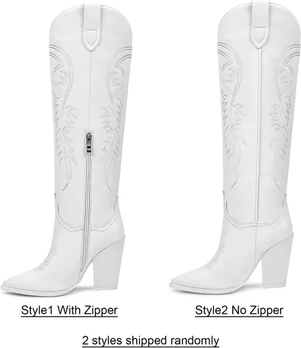 Miniatura 2 de ISNOM Botas vaqueras para mujer, botas altas hasta la rodilla, botas vaqueras bordadas con tacón grueso de bloque y puntera puntiaguda