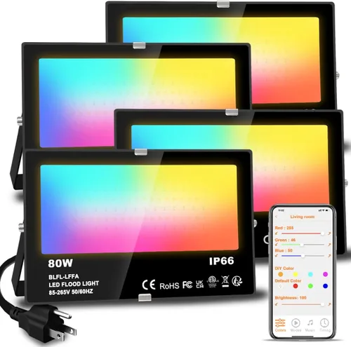 Luz de inundación LED para exteriores, equivalente a 800 W, 8000 lúmenes, luz de paisaje RGB controlada por BRmesh aplicación, sin control remoto,