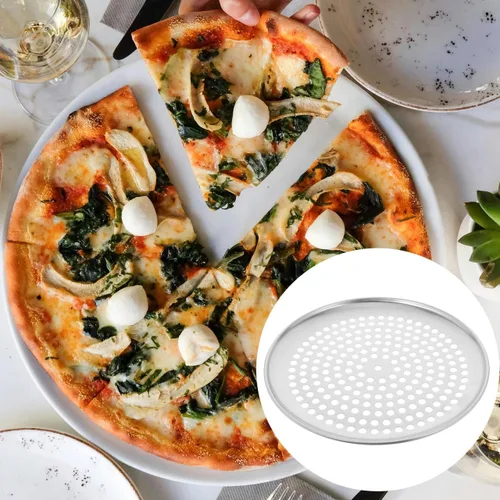 Miniatura 5 de Zerodeko Bandeja de pizza de acero inoxidable, bandeja redonda perforada para pizza, bandeja para hornear pizza, bandeja para servir pizza