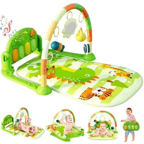 dearlomum Alfombra de Juego para Bebés, Divertido Piano de Juego para Tiempo de Barriga con 5 Juguetes Sensoriales para Bebés, Música y Luces, Verde