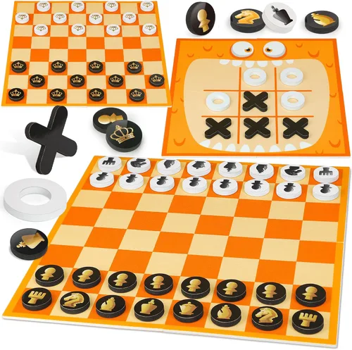 Coogam Juego de mesa de ajedrez y damas, 3 en 1 Tic Tac Toe Juego de mesa vintage con alfombra, actividades de fiesta en el césped, juguete de viaje
