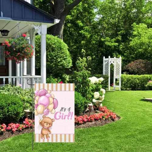 Miniatura 7 de Bandera de jardín con texto en inglés "It's A Girl" de doble cara de 12 x 18 pulgadas, globos de oso de peluche para bebé niña, decoración de patio