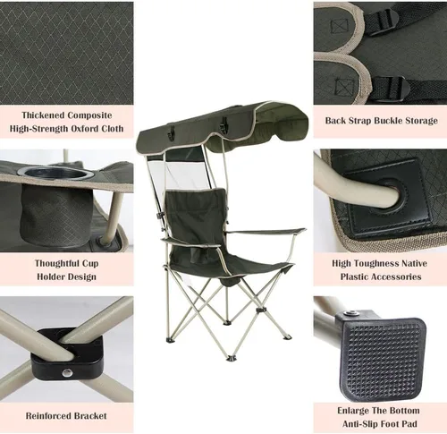 Miniatura 5 de Silla plegable portátil, toldo para camping, césped, playa, almohadilla reforzada, verde oscuro y caqui (caqui)