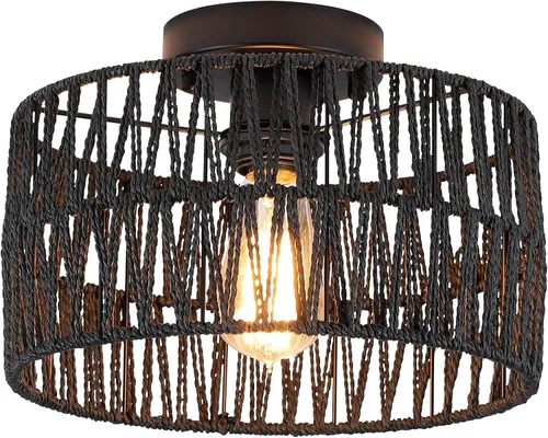 Miniatura 11 de Accesorio de Lámpara de Techo Empotrada Tejida en Oro Antiguo Costero, Luz de Techo Semi Empotrada Rústica Boho de Cuerda de Cáñamo Latón
