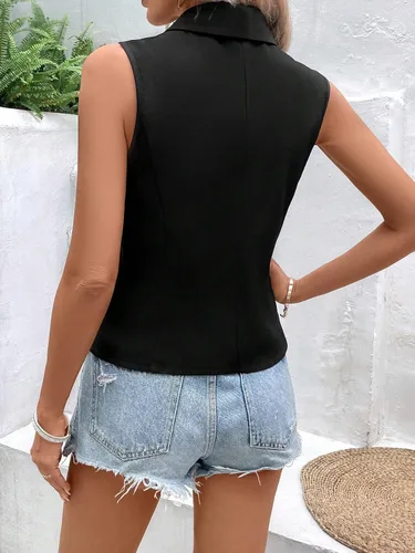Miniatura 2 de WDIRARA Chaqueta elegante sin mangas con cuello de chal para mujer, chaleco de oficina