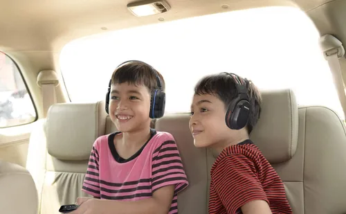 Miniatura 6 de SIMOLIO Paquete de 2 auriculares inalámbricos IR para audio, TV, audio, audio, no Bluetooth, 2 canales para niños, auriculares infrarrojos Rojo +