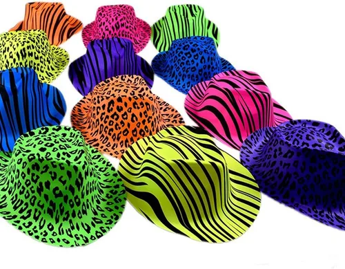 Novelty Place Sombreros de fiesta de plástico con estampado de animales neón, estilo fedora con mafia de gángster, sombreros de fiesta con luz negra