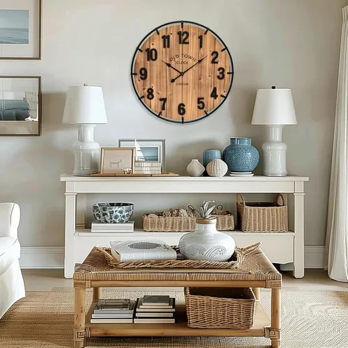 Miniatura 6 de Reloj de pared rústico de 20 pulgadas con borde de metal y números grandes, funciona con pilas silenciosas para oficina, cocina, dormitorio y sala