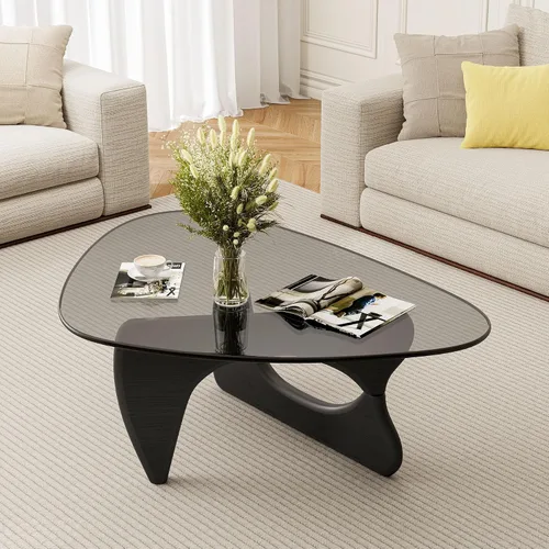 Miniatura 10 de Mesa de centro de cristal triangular moderna de mediados de siglo para sala de estar, mesa auxiliar minimalista para dormitorio, oficina y recepción