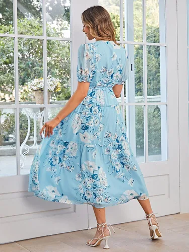 Miniatura 4 de Amegoya - Vestido largo casual de manga corta con cuello en V para mujer, diseño floral, estilo bohemio, para la playa, sesión de fotos, con volantes