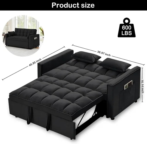 Miniatura 2 de Sofá cama convertible de terciopelo de 55 pulgadas, sofá futón 3 en 1 con cama extraíble, sofá biplaza moderno con respaldo ajustable, 2 almohadas