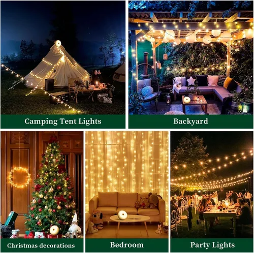 Miniatura 7 de Cadena de luces de campamento de 33 pies, 100 LED, 4 en 1, recargable, 100 LED, para exteriores, con 14 modos de iluminación, control remoto