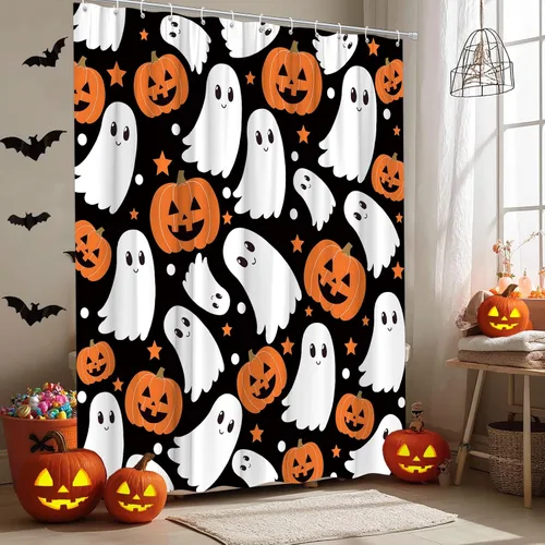 Miniatura 9 de Bonita cortina de ducha fantasma de Halloween, calabaza espeluznante, divertida tela de dibujos animados para decoración de baño, bañera con ganchos