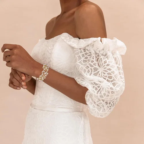 Miniatura 3 de EVER FAITH Crystal Cream Simulated Pearl 1920's Style Leaf Stretch Pulsera Transparente