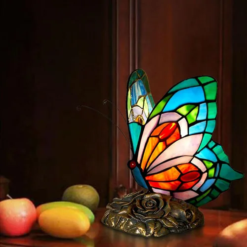 Miniatura 2 de Lámpara de Mesita LED Azul Tiffany Mariposa Nocturna con Interruptor de Encendido/Apagado, Lámpara de Escritorio de Vidrio Manchado, Luz Nocturna