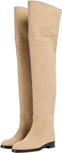 YDN Botas planas de pantorrilla ancha para mujer, con puntera redonda, por encima de la rodilla, con tacón bajo, botas altas hasta el muslo, zapatos