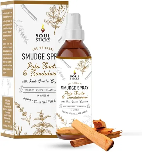 SOUL STICKS Spray de Palo Santo y Sándalo para Limpieza y Energía Negativa | Spray de Palo Santo 3.5oz con Cristales de Cuarzo Reales | Spray de