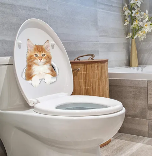 Miniatura 5 de Winston & Bear Calcomanías de pared con diseño de gatito y gatito rojo de Maine Coon - Paquete de 2 calcomanías de inodoro de gato naranja Maine