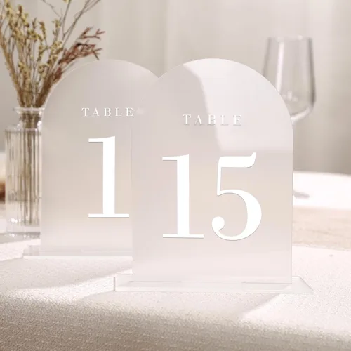 Miniatura 10 de UNIQOOO Números de mesa de arco esmerilado para boda 1-15 con soportes, lámina de oro impresa en acrílico de 5x7, signos de exhibición y soportes