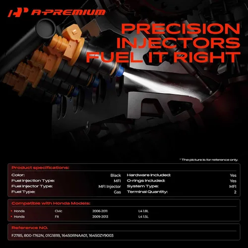 Miniatura 2 de A-Premium Inyectores de combustible compatibles con Honda Civic 2006-2011 1.8L, compatible con 2009-2013 1.5L, repuesto # 16450RNAA01 4-PC Set