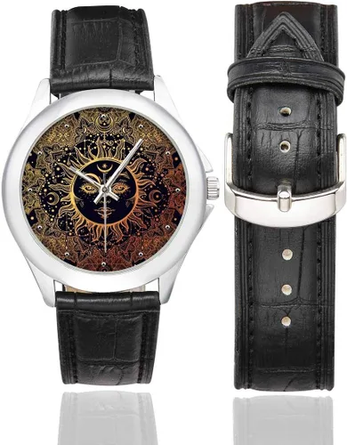 Miniatura 2 de Resumen Paisley Mandala Impermeable De Acero Inoxidable Clásico Correa De Cuero Relojes, Negro, Diseño #3