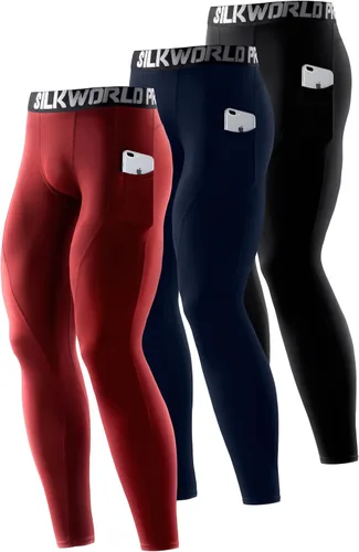SILKWORLD Paquete de 1 a 3 pantalones de compresión para hombre, con bolsillos, leggings de gimnasio y secado fresco