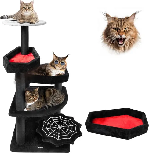 KAMABOKO Árbol gótico para gatos con cama de ataúd, torre negra de 46.9 pulgadas para gatos de interior con postes rascadores, torre de árbol de