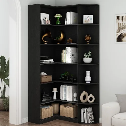 Miniatura 5 de Loomie - Estantería negra de 6 niveles, estantería grande y alta de esquina en forma de L con divisor completo, estanterías industriales modernas