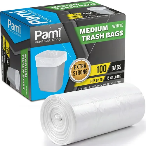 PAMI Bolsas de basura medianas de 8 galones, paquete de 100 unidades, color blanco, papelera de plástico multiusos fuerte, sin perfume, para cocina,