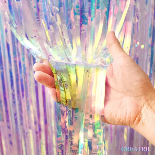Miniatura 8 de Telón de fondo de serpentinas de fiesta iridescente - GREATRIL Cortina de flecos de oropel holográfica transparente de neón para decoración temática