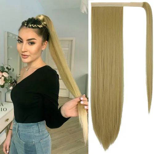 Miniatura 7 de OMGREAT Extensión de cola de caballo larga y recta de 28 pulgadas con clip de fibra sintética para mujer (castaño claro)
