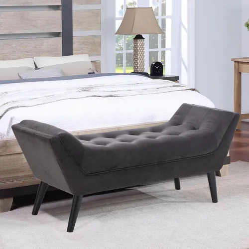 Miniatura 4 de Alunaune Banco otomano de terciopelo para dormitorio, banco de entrada tapizado, reposapiés otomano con patas de madera, 2 plazas, color gris oscuro
