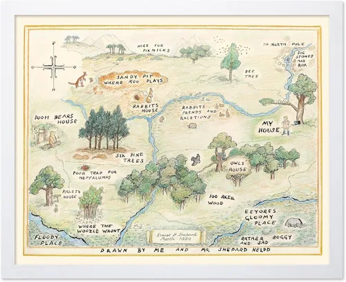 Miniatura 8 de Poster Master Póster de ilustración vintage, impresión de paisaje retro, regalo para bebé, niño, mapa de madera de 100 acres, oso, cerdo, animal
