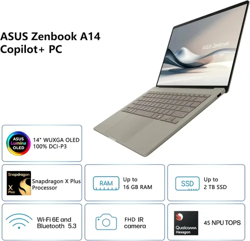Miniatura 3 de ASUS Zenbook A14 Copilot+ PC con IA para Laptop Pantalla OLED WUXGA de 14" (100% DCI-P3) Qualcomm Snapdragon X Plus (hasta 45 Tops) 16 GB