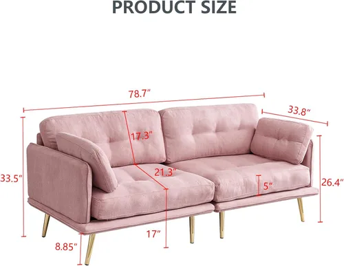 Miniatura 2 de Anwick Sofá biplaza moderno de tela de lino tapizado de 3 plazas con patas de metal y almohada para sala de estar, dormitorio, apartamento, Rosado